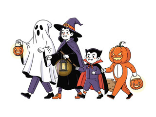 Spooky stroll: Adorable individuals dressed in Halloween costumes, a ghost, a witch, a vampire, and a pumpkin, embark on a festive trick-or-treat adventure, spreading spooky season joy.