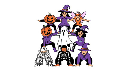 Halloween Costume Pyramid: A playful illustration featuring a pyramid arrangement of children in various Halloween costumes, exuding a fun and festive vibe.