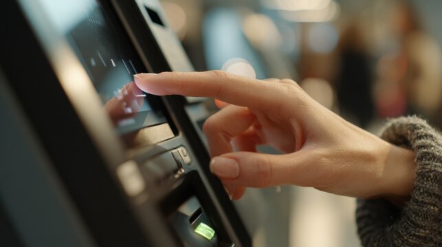 Medium shot showing closeup fingerprints scanning on a sleek biometric terminal highlighting enhanced store security features in soft focus.