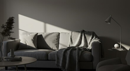 Modern Minimalist Living Room Sofa with Soft Throw Blanket and Desk Lamp in Natural Light