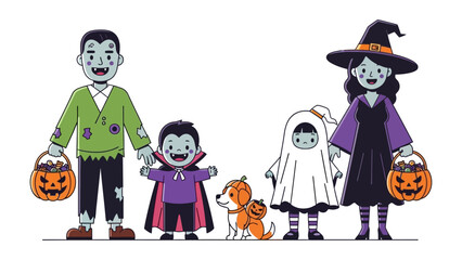 Halloween Family Costume Party: A spooky yet fun-loving family, dressed in creative Halloween costumes from a vampire to a ghost, poses with their costumed dog.