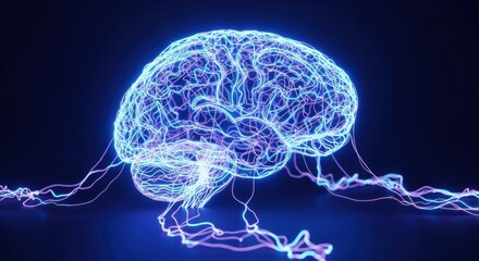 A glowing neon brain circuit design visualized beautifully on a deep blue background.