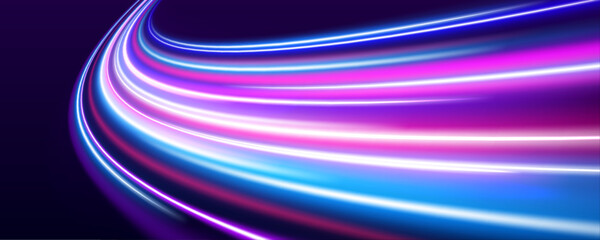 High-speed motion trails in vibrant neon colors swirl against a dark futuristic backdrop. Light curves suggest advanced connectivity and rapid communication. A digital race unfolds.