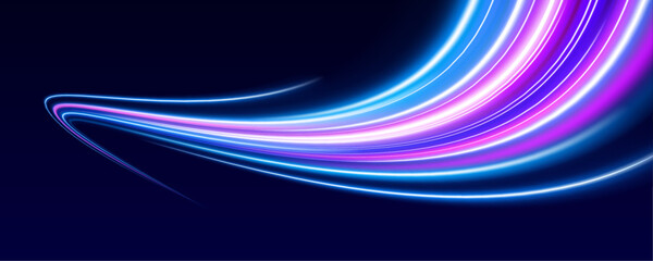 Vibrant neon paths streak across the scene like laser beams on a high-tech roadway. Curved lines add dynamic motion and futuristic elegance. Energy flows in every direction.