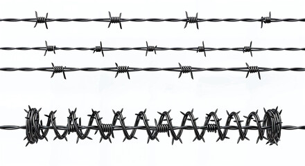 Set of Barbed and Razor Wires Displayed Side by Side on White Background Showing Twisted Strands and Sharp Blade Coils
