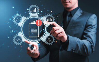 Businessman interacting with digital workflow and data analysis interface