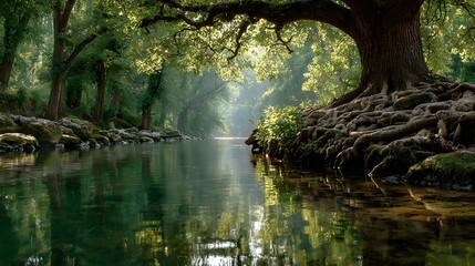 The sunlight filters through a lush, green canopy, casting a mesmerizing reflection on the calm river as it flows through a peaceful and tranquil forest scene.