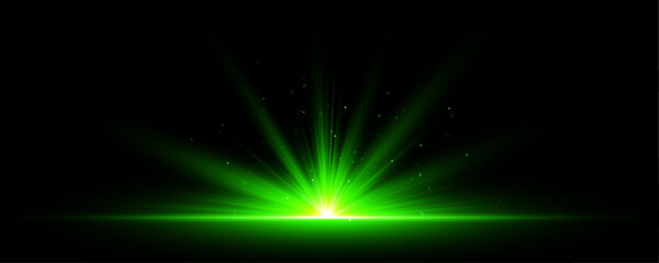 A vibrant green glow spreads across the black background, forming a soft wave of light and energy. Sparkling particles float gently, adding motion and depth. A clean, modern visual.