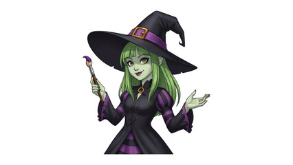 Enchanting Witch Illustration: A captivating depiction of a witch, adorned in a classic hat and elegant attire, brandishing a brush with an air of mystery and magic.