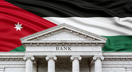 Classical Bank Building with Columns and Triangular Pediment in Front of Jordanian Flag Representing National Finance

