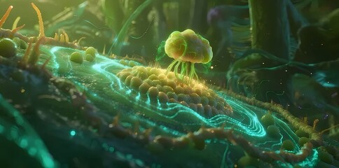 抽象的な緑の輝きの生態系環境シーン