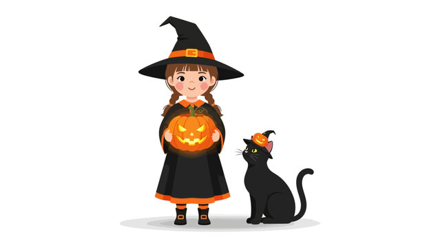 Halloween's Spellbound Ensemble: A whimsical illustration featuring a charming witch, adorned in a classic hat, accompanied by her black cat, both ready for a night of spooky fun.