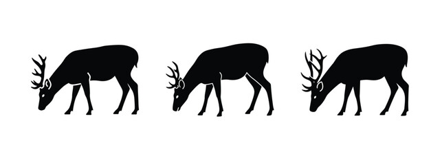 Grazing deer silhouette vector icon set.
