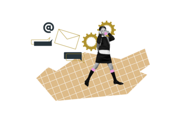 Collage young girl kid school education uniform letter message communication mail cogwheel gears reply message checkered background