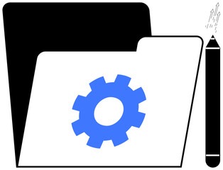 Open folder with gear icon and pencil symbolizing organization, settings, system updates, and creative tools. Ideal for technology, management, administration, design, workflow education simple