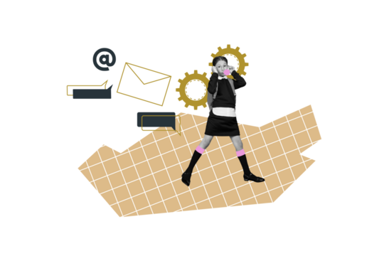 Collage young girl kid school education uniform letter message communication mail cogwheel gears reply message checkered background