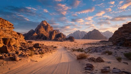 Naklejka premium Majestic desert scene at sunrise, road leading to towering rock formations. Golden light fills the sky