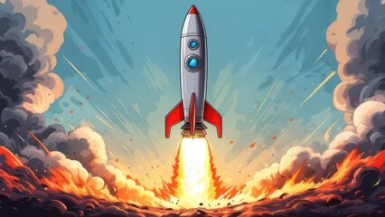 Vintage Rocket Blasts Off in a Dynamic, Illustrated Fiery Ascent