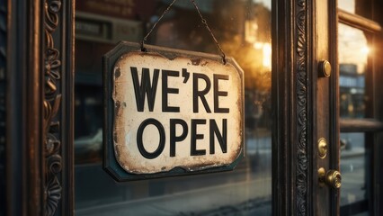 Vintage "We're Open" Sign, Warm Light, Rustic Charm, Storefront, Business, Welcoming.