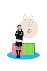 Creative trend collage of sad girl look question mark school day shopping kids education concept magazine billboard comics zine minimal