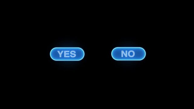 Neon Yes and No button with cursor click animation on black background. Click on yes button and no button. Computer cursor comes in and selects Yes No
