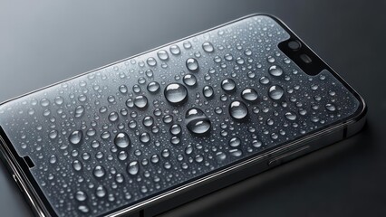 Water Droplets on Smartphone Screen: Close-Up of Waterproof Technology and Sleek Design