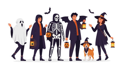 Halloween Costume Parade: A cheerful collection of individuals and a dog in costumes, ready for trick-or-treating, standing in a row, lanterns in hand. Vivid and joyful illustration
