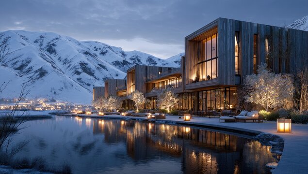 Modern wooden resort overlooking a tranquil lake with snow-capped mountains at dusk - Powered by Adobe