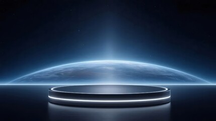 円形プラットフォームと宇宙背景の青い輝き