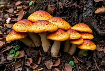 A cluster of plump boletus mushrooms sprouting from rich forest soil,  photography,  spores