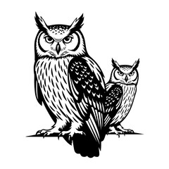 Fototapeta premium Vector art of two owls perched together in monochrome illustration with detailed feathers and natural posture