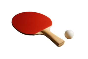 Table tennis paddle with red rubber and white ball isolated on clean white background, closeup sport element for design and layout. Ai generative