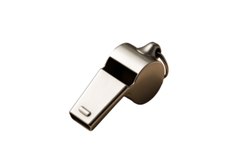 Metallic sport whistle isolated on white background, closeup style, ideal for design layout or template concept with clean light look. Ai generative