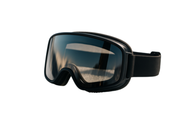 Black ski goggles with tinted lens isolated on white background, clean sport element for design or layout template. Ai generative