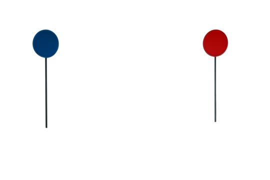 Two referee paddles, one red and one blue, isolated with clean light on white background, concept of sport signaling and judging. Ai generative