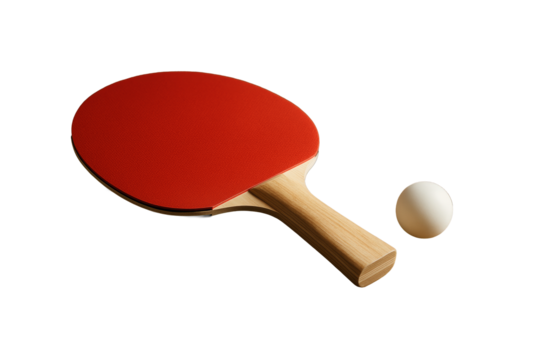 Table tennis paddle with red rubber and white ball isolated on clean white background, closeup sport element for design and layout. Ai generative