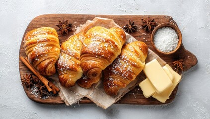 Warm, golden croissants dusted with sugar, arranged on a rustic wooden board with butter, cinnamon sticks, star anise, and coarse salt.  Overhead shot