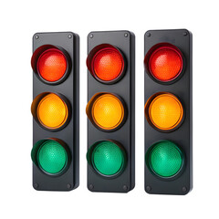 Three traffic light signals isolated on transparent background in studio shot