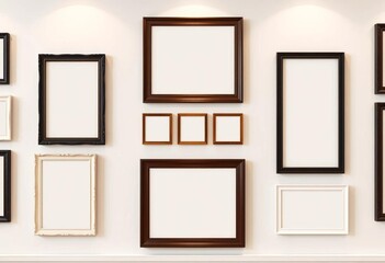 Empty picture frames on gallery wall, various sizes and styles,  blank,  interior