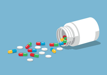 Medication dispenser spilling capsules pharmacy digital clean background top-down view health concept