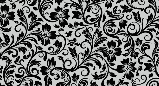 Ornate black floral pattern on a light grey background