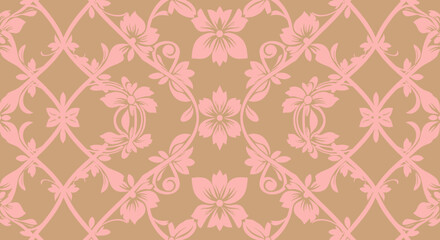 Pink floral trellis on beige. Delicate, symmetrical flower and vine pattern