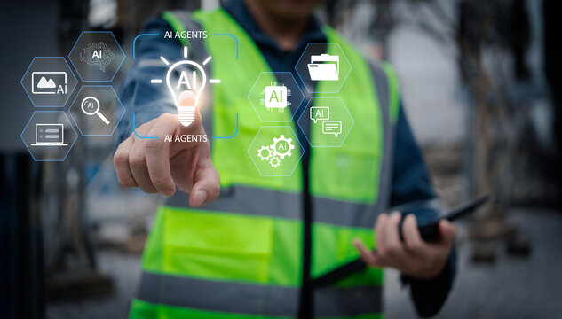 Engineer using AI agents technology with touchscreen interface for data analysis and automation in industrial settings, emphasizing smart innovation and digital transformation.