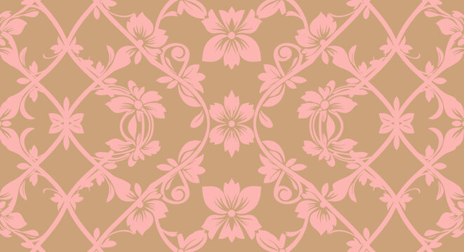 Pink floral trellis on beige. Delicate, symmetrical flower and vine pattern