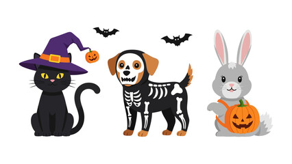 Halloween Animal Trio: A whimsical illustration presents a black cat in a witch's hat, a dog dressed as a skeleton, and a bunny with a pumpkin, all set against a backdrop of playful bats.