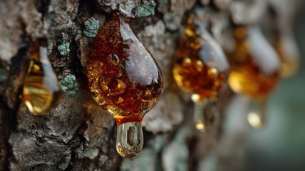 Golden tree resin drips glistens on textured bark surface, creating a captivating natural pattern with a blurred forest backdrop, showing raw nature beauty.
