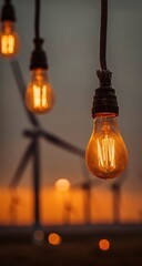 Warm-toned incandescent bulbs hang against a blurred sunset backdrop featuring wind turbines, suggesting a blend of old and new energy sources