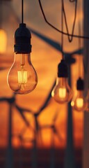 Warm-toned incandescent bulbs hang against a blurred sunset backdrop featuring wind turbines, suggesting sustainable energy