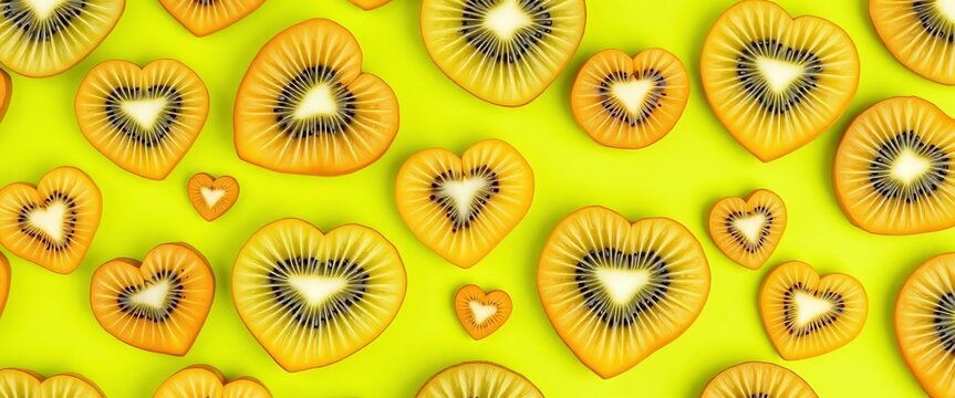 Seamless pattern of heart-shaped kiwi slices on lime green background,  design,   design element - Powered by Adobe