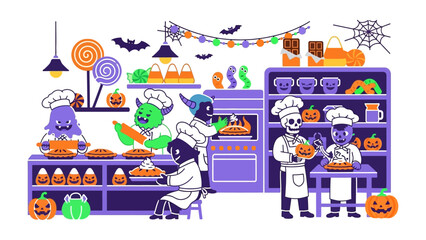 Halloween Baking Party: Whimsical monsters and a skeleton donning chef hats joyfully prepare Halloween pies and treats in a vibrant kitchen adorned with festive decorations and pumpkins.